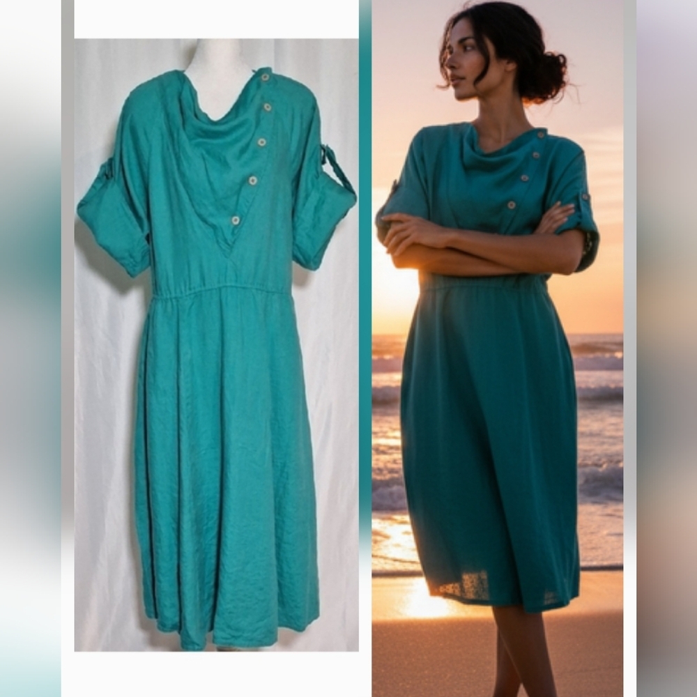 Green and Blue Cowl Neck Midi Sundress with Cuffed Sleeves 100% Linen
